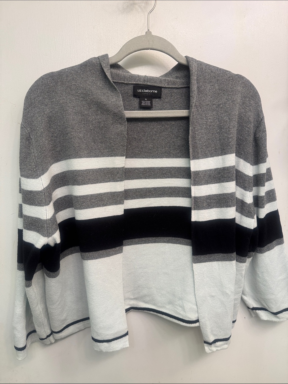 Liz Claiborne Gray, Black & White Striped Open Cardigan